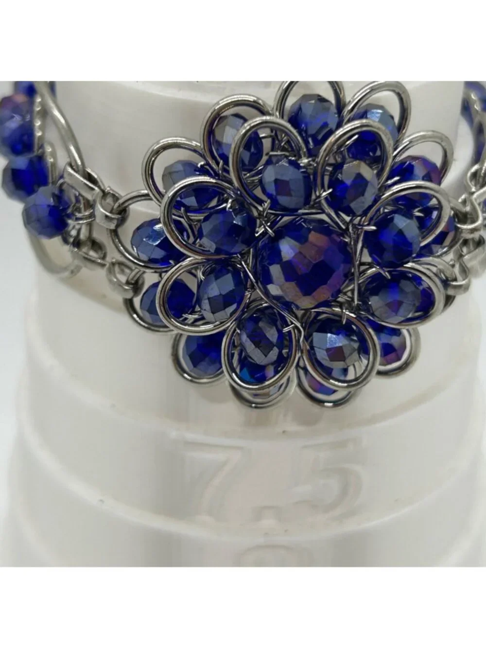 Handcrafted Silver-Tone Blue Rhinestone Crystal Floral Rosette Toggle Clasp Stat